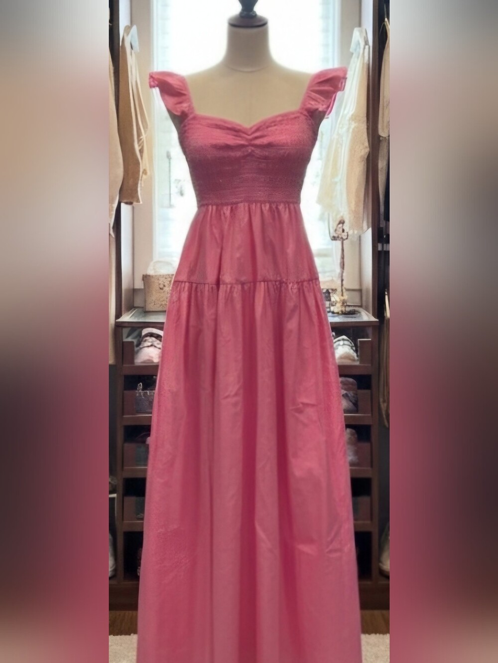 Pink Smocked Maxi Dress with Ruffle Straps